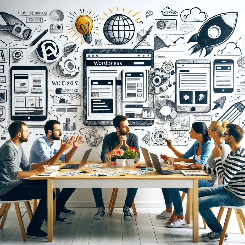 Een creatieve brainstormsessie voor WordPress website design, waarbij een team rond een tafel discussieert met schetsen en laptops.